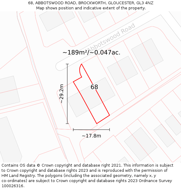 68, ABBOTSWOOD ROAD, BROCKWORTH, GLOUCESTER, GL3 4NZ: Plot and title map