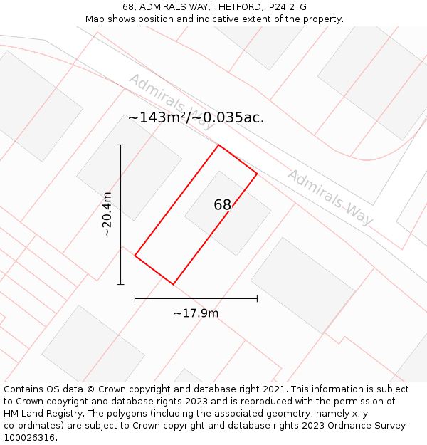 68, ADMIRALS WAY, THETFORD, IP24 2TG: Plot and title map