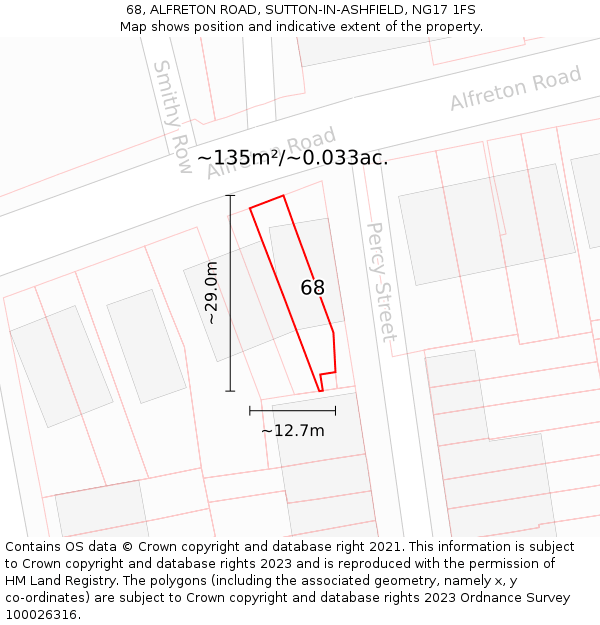 68, ALFRETON ROAD, SUTTON-IN-ASHFIELD, NG17 1FS: Plot and title map