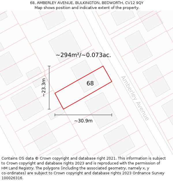 68, AMBERLEY AVENUE, BULKINGTON, BEDWORTH, CV12 9QY: Plot and title map