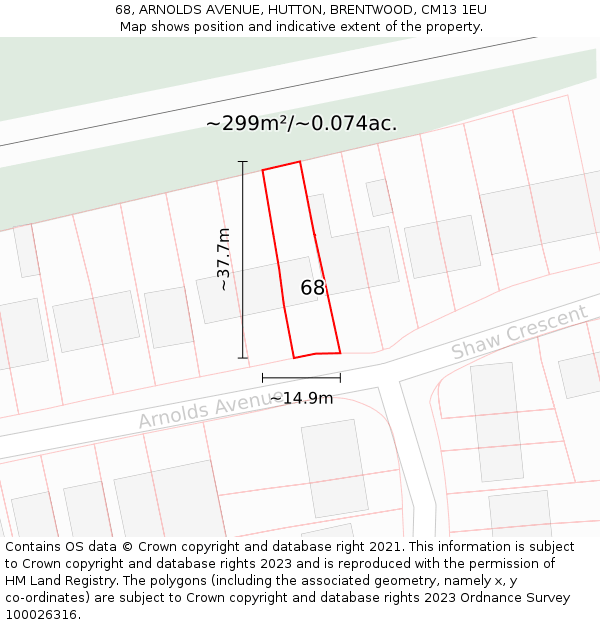 68, ARNOLDS AVENUE, HUTTON, BRENTWOOD, CM13 1EU: Plot and title map