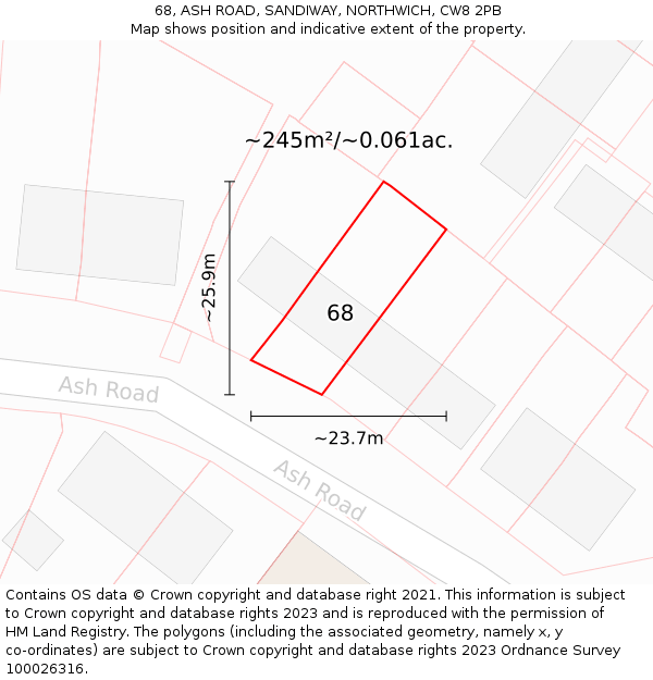 68, ASH ROAD, SANDIWAY, NORTHWICH, CW8 2PB: Plot and title map