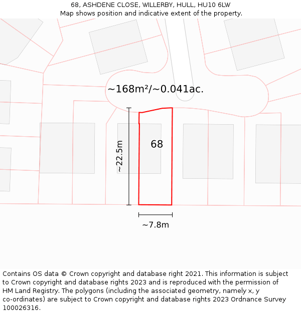 68, ASHDENE CLOSE, WILLERBY, HULL, HU10 6LW: Plot and title map