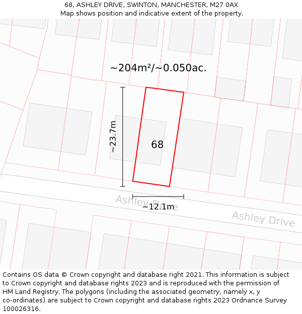 68, ASHLEY DRIVE, SWINTON, MANCHESTER, M27 0AX: Plot and title map