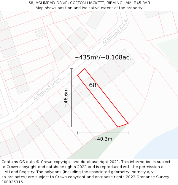 68, ASHMEAD DRIVE, COFTON HACKETT, BIRMINGHAM, B45 8AB: Plot and title map