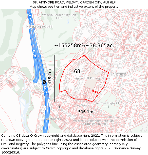 68, ATTIMORE ROAD, WELWYN GARDEN CITY, AL8 6LP: Plot and title map
