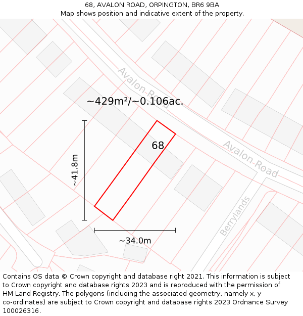 68, AVALON ROAD, ORPINGTON, BR6 9BA: Plot and title map