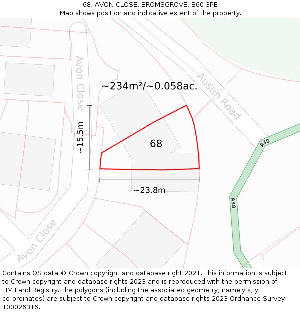 68, AVON CLOSE, BROMSGROVE, B60 3PE: Plot and title map