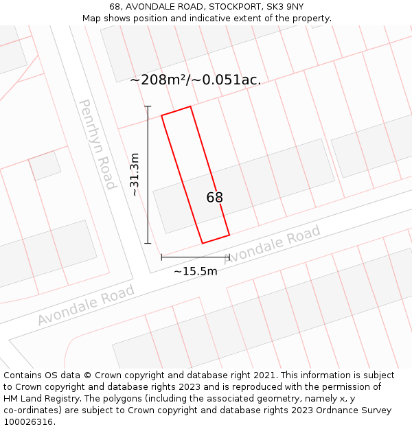 68, AVONDALE ROAD, STOCKPORT, SK3 9NY: Plot and title map