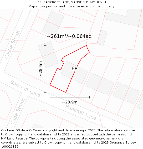 68, BANCROFT LANE, MANSFIELD, NG18 5LN: Plot and title map