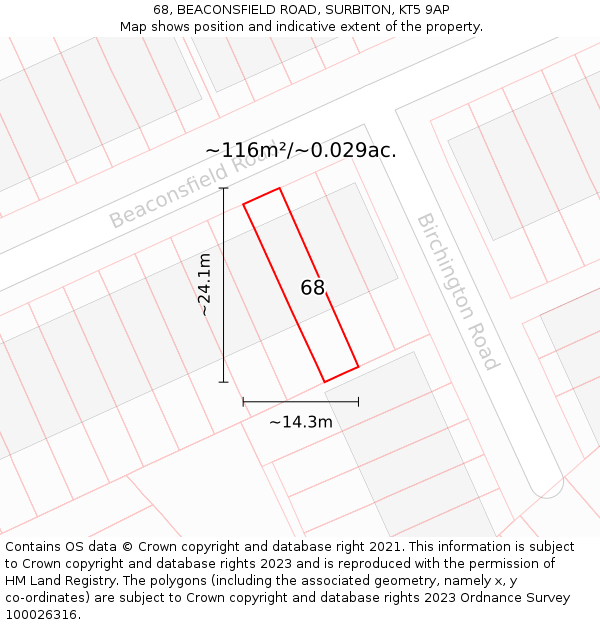 68, BEACONSFIELD ROAD, SURBITON, KT5 9AP: Plot and title map