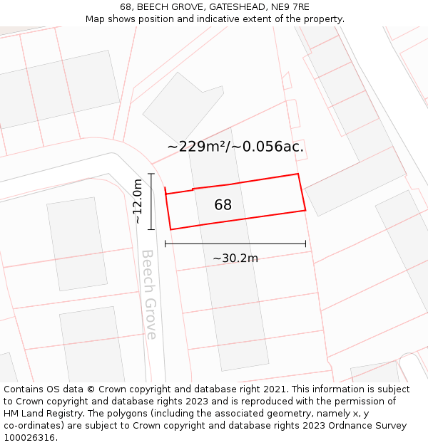 68, BEECH GROVE, GATESHEAD, NE9 7RE: Plot and title map