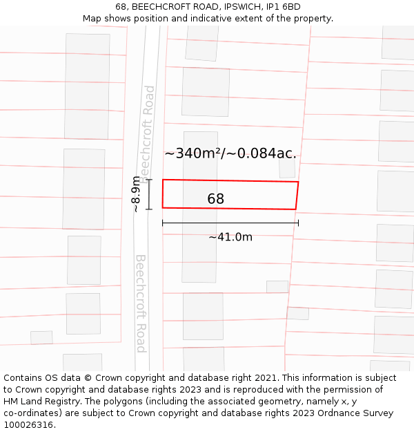 68, BEECHCROFT ROAD, IPSWICH, IP1 6BD: Plot and title map
