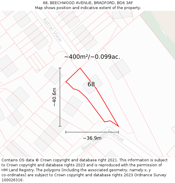 68, BEECHWOOD AVENUE, BRADFORD, BD6 3AF: Plot and title map