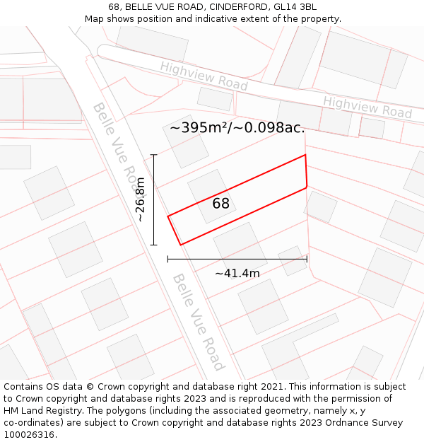 68, BELLE VUE ROAD, CINDERFORD, GL14 3BL: Plot and title map
