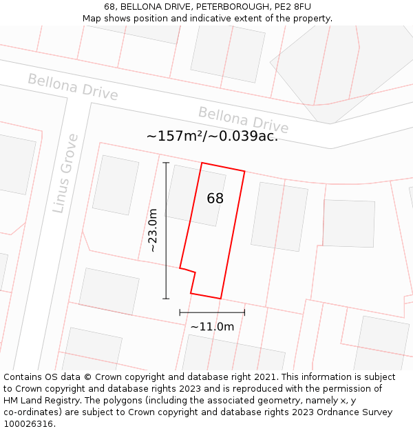68, BELLONA DRIVE, PETERBOROUGH, PE2 8FU: Plot and title map