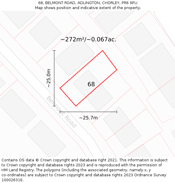 68, BELMONT ROAD, ADLINGTON, CHORLEY, PR6 9PU: Plot and title map