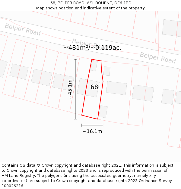 68, BELPER ROAD, ASHBOURNE, DE6 1BD: Plot and title map