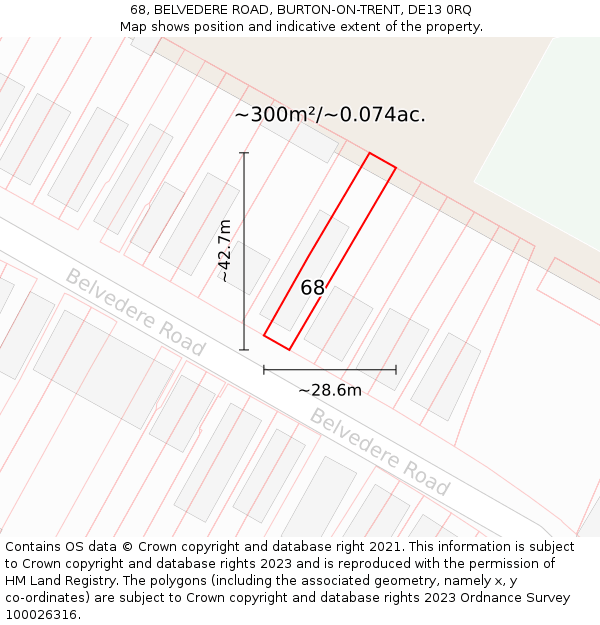 68, BELVEDERE ROAD, BURTON-ON-TRENT, DE13 0RQ: Plot and title map