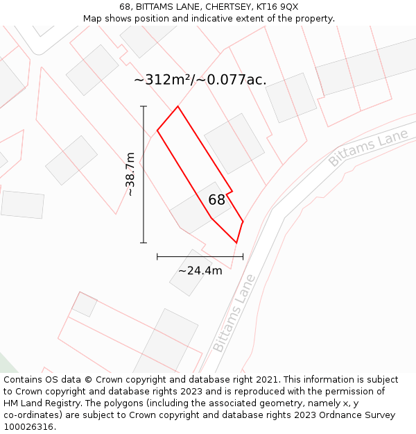 68, BITTAMS LANE, CHERTSEY, KT16 9QX: Plot and title map