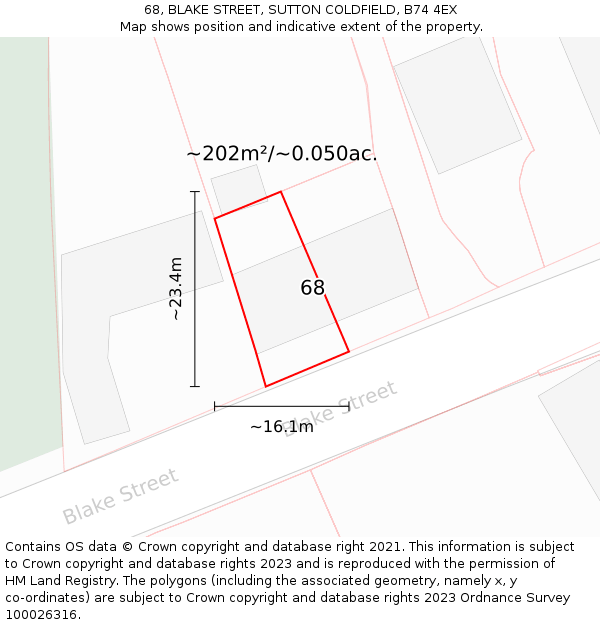 68, BLAKE STREET, SUTTON COLDFIELD, B74 4EX: Plot and title map