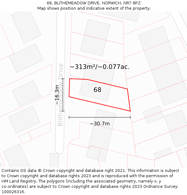 68, BLITHEMEADOW DRIVE, NORWICH, NR7 8PZ: Plot and title map