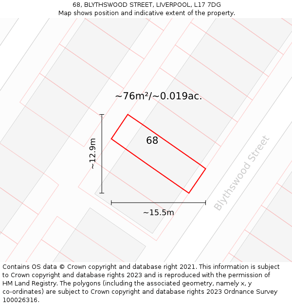 68, BLYTHSWOOD STREET, LIVERPOOL, L17 7DG: Plot and title map
