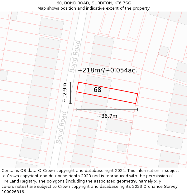68, BOND ROAD, SURBITON, KT6 7SG: Plot and title map