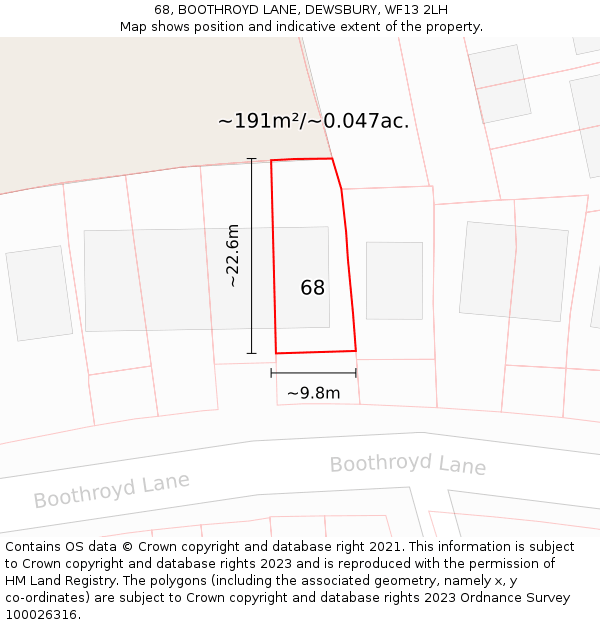 68, BOOTHROYD LANE, DEWSBURY, WF13 2LH: Plot and title map