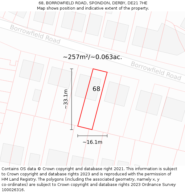 68, BORROWFIELD ROAD, SPONDON, DERBY, DE21 7HE: Plot and title map
