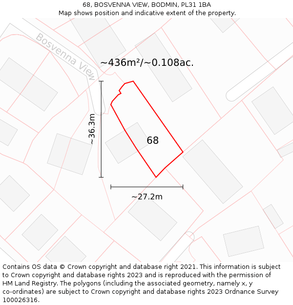 68, BOSVENNA VIEW, BODMIN, PL31 1BA: Plot and title map