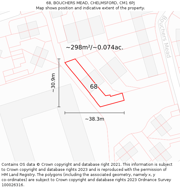 68, BOUCHERS MEAD, CHELMSFORD, CM1 6PJ: Plot and title map