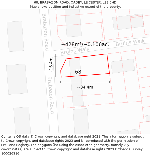 68, BRABAZON ROAD, OADBY, LEICESTER, LE2 5HD: Plot and title map