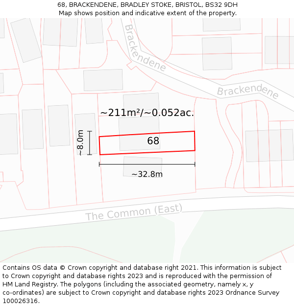 68, BRACKENDENE, BRADLEY STOKE, BRISTOL, BS32 9DH: Plot and title map