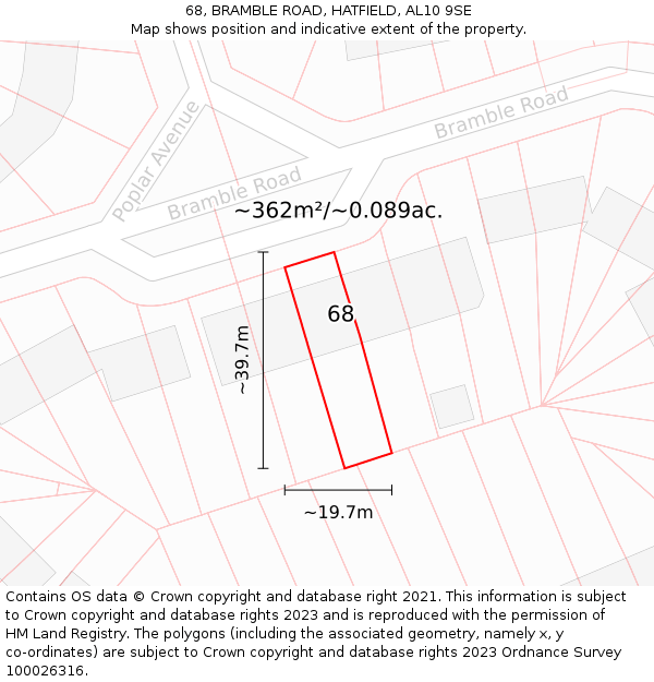68, BRAMBLE ROAD, HATFIELD, AL10 9SE: Plot and title map