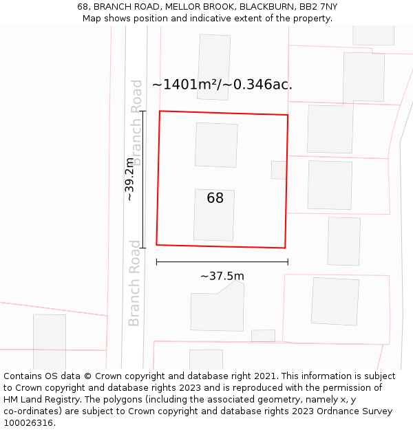 68, BRANCH ROAD, MELLOR BROOK, BLACKBURN, BB2 7NY: Plot and title map