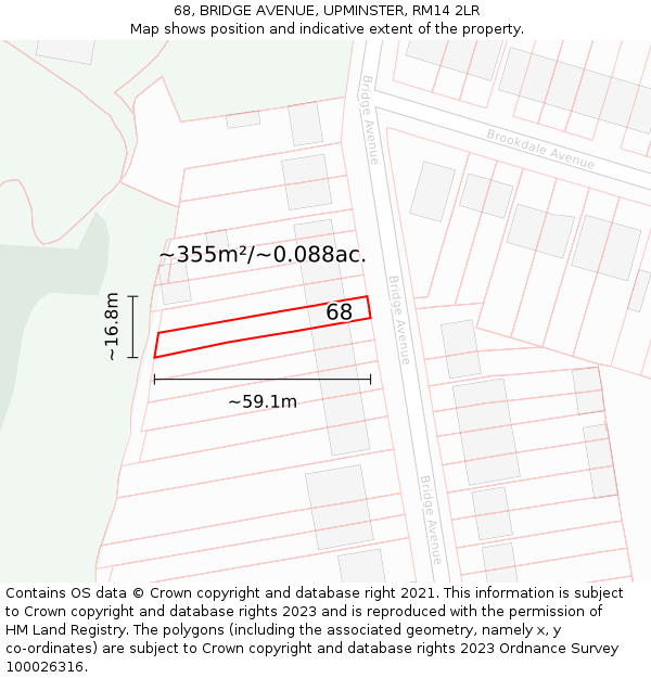 68, BRIDGE AVENUE, UPMINSTER, RM14 2LR: Plot and title map