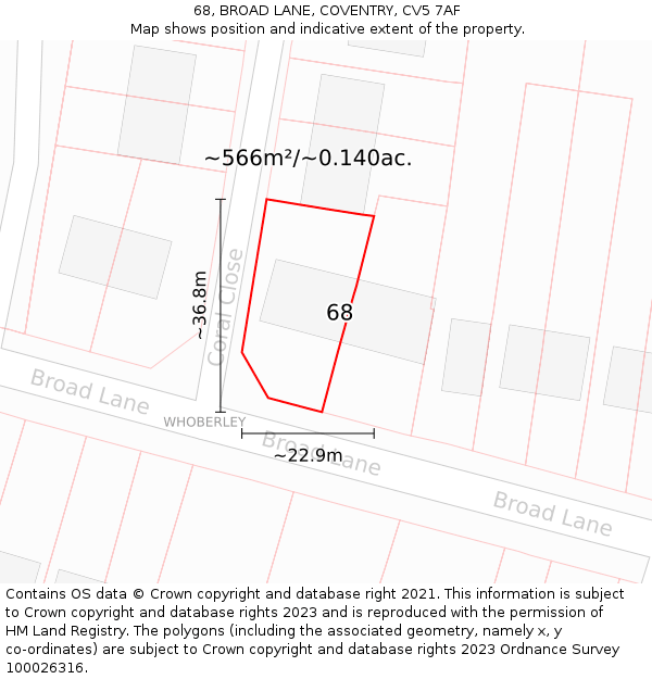 68, BROAD LANE, COVENTRY, CV5 7AF: Plot and title map