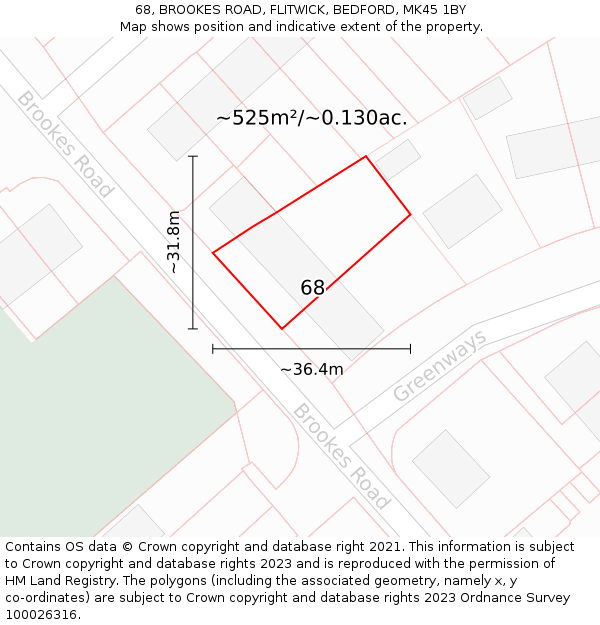 68, BROOKES ROAD, FLITWICK, BEDFORD, MK45 1BY: Plot and title map