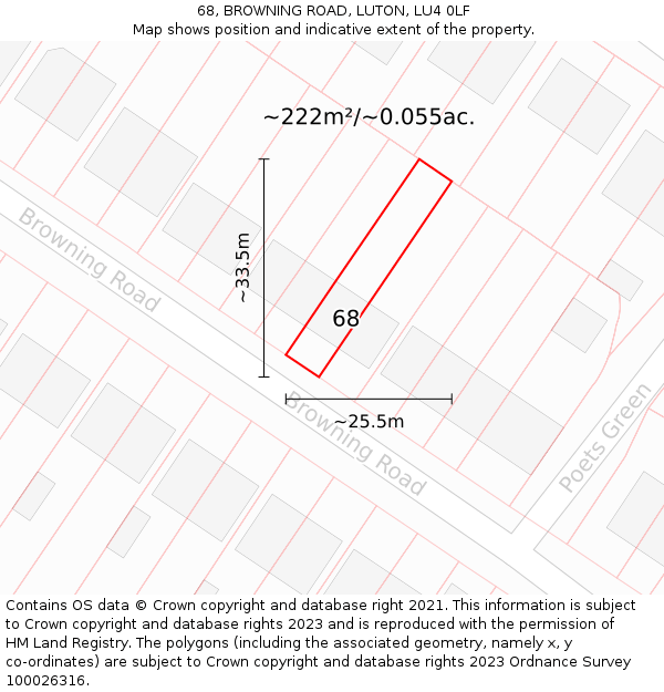 68, BROWNING ROAD, LUTON, LU4 0LF: Plot and title map