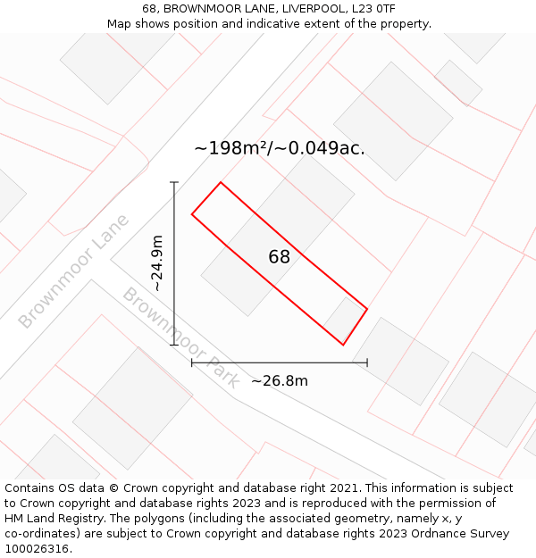 68, BROWNMOOR LANE, LIVERPOOL, L23 0TF: Plot and title map