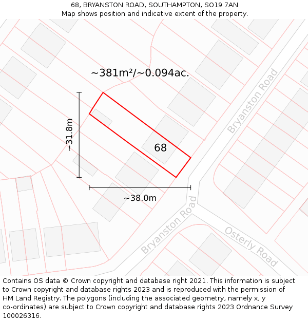 68, BRYANSTON ROAD, SOUTHAMPTON, SO19 7AN: Plot and title map