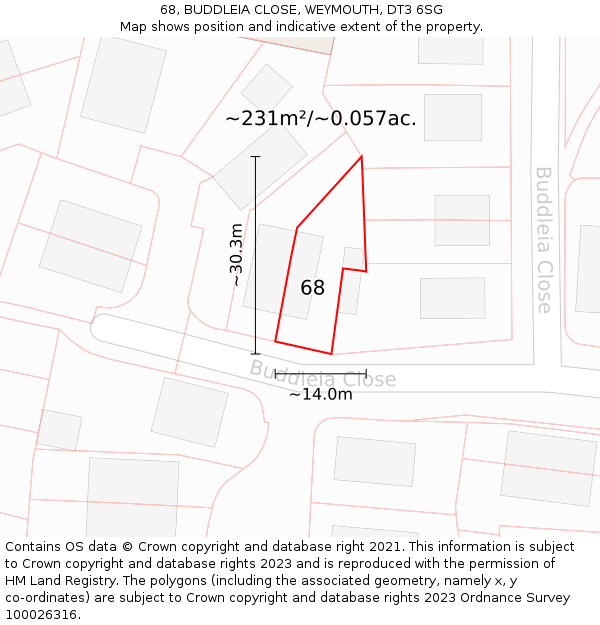 68, BUDDLEIA CLOSE, WEYMOUTH, DT3 6SG: Plot and title map
