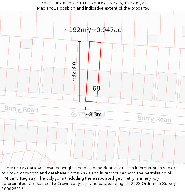 68, BURRY ROAD, ST LEONARDS-ON-SEA, TN37 6QZ: Plot and title map
