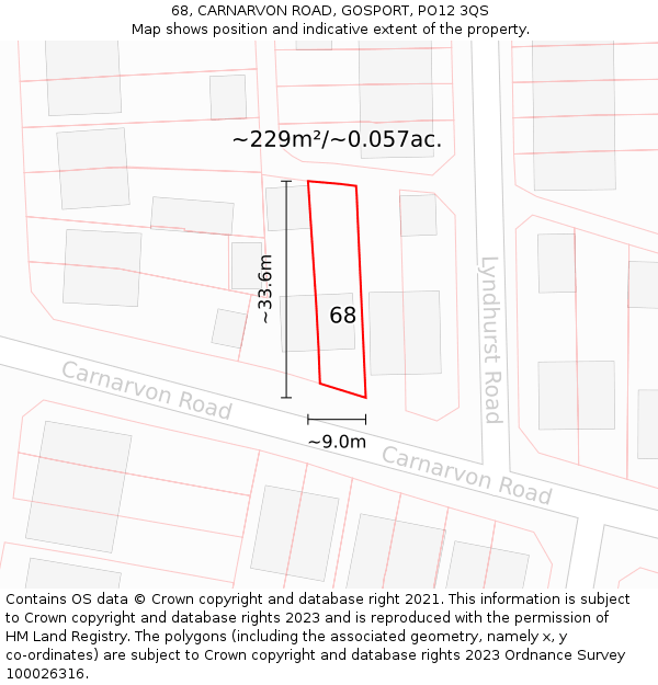 68, CARNARVON ROAD, GOSPORT, PO12 3QS: Plot and title map