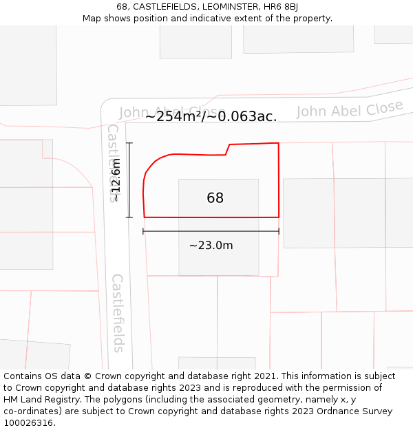 68, CASTLEFIELDS, LEOMINSTER, HR6 8BJ: Plot and title map
