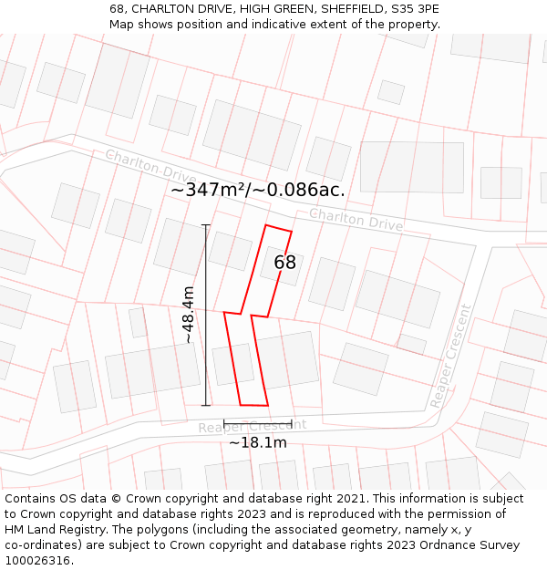 68, CHARLTON DRIVE, HIGH GREEN, SHEFFIELD, S35 3PE: Plot and title map