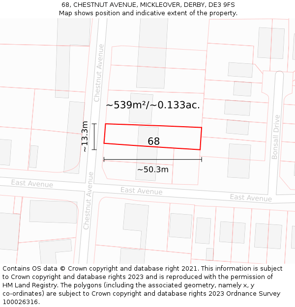 68, CHESTNUT AVENUE, MICKLEOVER, DERBY, DE3 9FS: Plot and title map