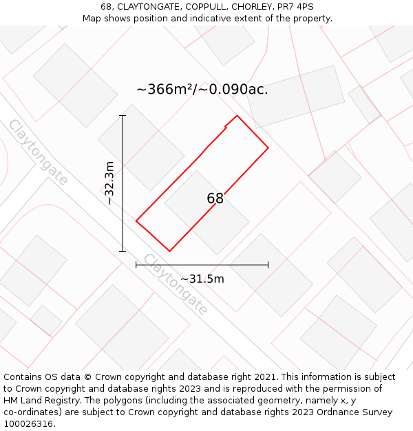 68, CLAYTONGATE, COPPULL, CHORLEY, PR7 4PS: Plot and title map