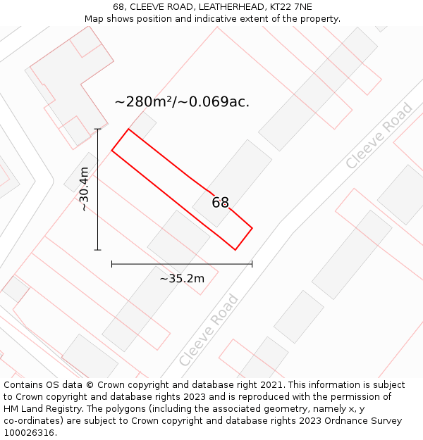68, CLEEVE ROAD, LEATHERHEAD, KT22 7NE: Plot and title map
